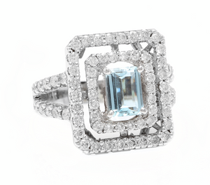 2.80 Carats Natural Aquamarine and Diamond 14K Solid White Gold Ring
