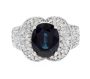 6.20 Carats Exquisite Natural Blue Sapphire and Diamond 14K Solid White Gold Ring