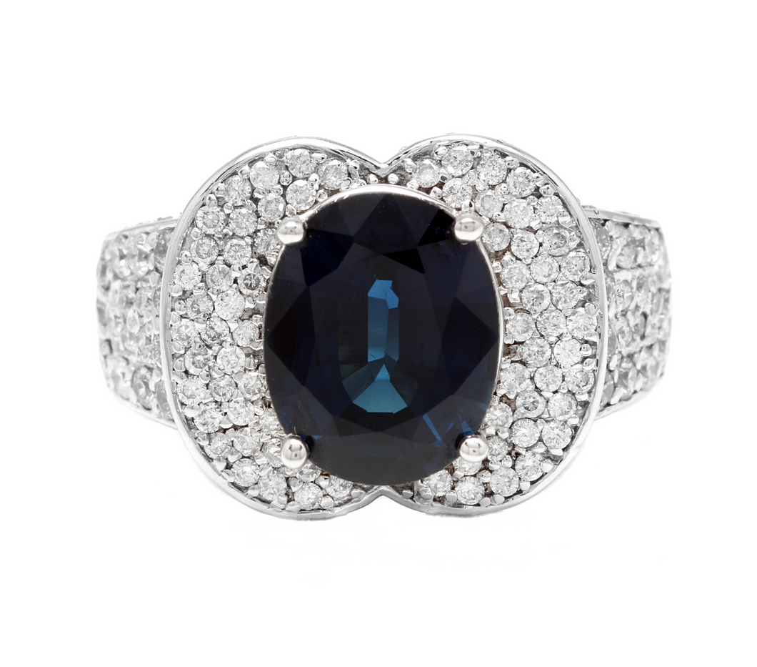 6.20 Carats Exquisite Natural Blue Sapphire and Diamond 14K Solid White Gold Ring