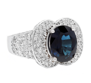 6.20 Carats Exquisite Natural Blue Sapphire and Diamond 14K Solid White Gold Ring