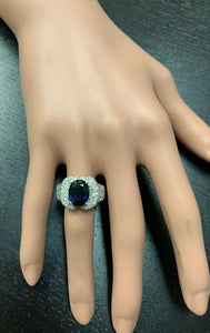 6.20 Carats Exquisite Natural Blue Sapphire and Diamond 14K Solid White Gold Ring