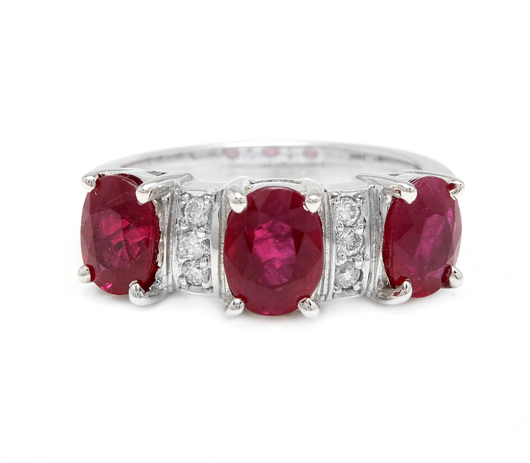 4.15 Carats Impressive Natural Red Ruby and Diamond 14K White Gold Ring