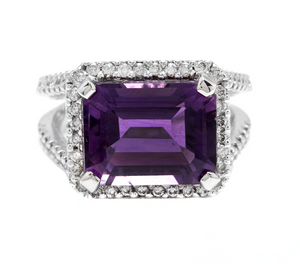 7.85 Carats Natural Amethyst and Diamond 14K Solid White Gold Ring
