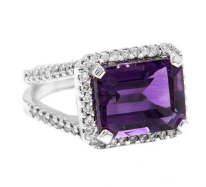 7.85 Carats Natural Amethyst and Diamond 14K Solid White Gold Ring