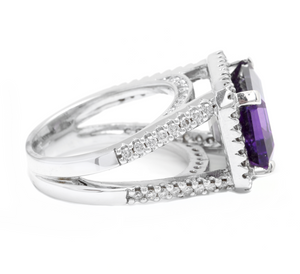 7.85 Carats Natural Amethyst and Diamond 14K Solid White Gold Ring