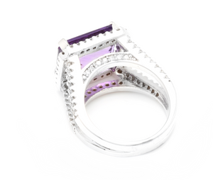 7.85 Carats Natural Amethyst and Diamond 14K Solid White Gold Ring