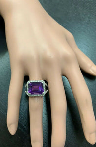 7.85 Carats Natural Amethyst and Diamond 14K Solid White Gold Ring