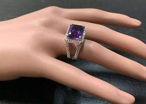 7.85 Carats Natural Amethyst and Diamond 14K Solid White Gold Ring
