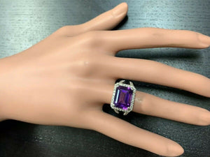 7.85 Carats Natural Amethyst and Diamond 14K Solid White Gold Ring