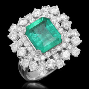 5.40 Carats Natural Emerald and Diamond 14K Solid White Gold Ring