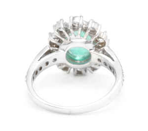 3.20 Carats Exquisite Emerald and Diamond 14K Solid White Gold Ring