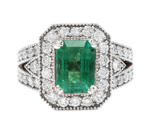3.80ct Natural Emerald & Diamond 14k Solid White Gold Ring