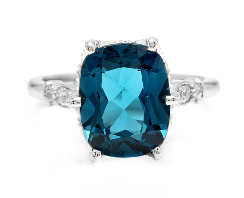4.08 Carats Natural Impressive London Blue Topaz and Diamond 14K White Gold Ring