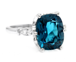 4.08 Carats Natural Impressive London Blue Topaz and Diamond 14K White Gold Ring