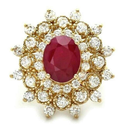 6.00 Carats Natural Red Ruby and Diamond 14k Solid Yellow Gold Ring