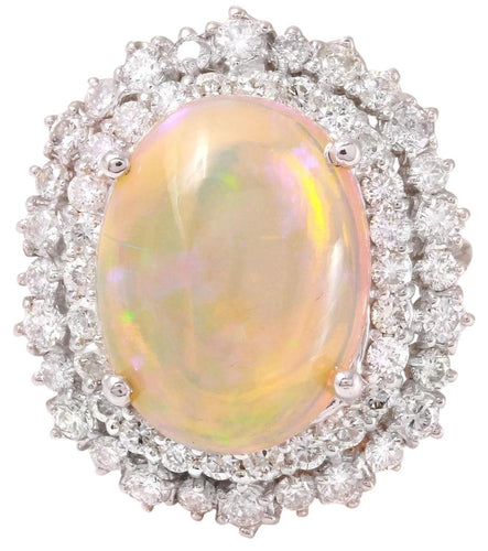 8.31 Carats Natural Impressive Ethiopian Opal and Diamond 14K Solid White Gold Ring