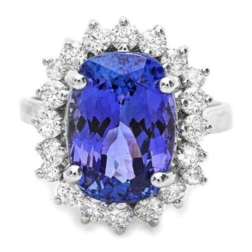 7.50 Carats Natural Tanzanite and Diamond 14k Solid White Gold Ring