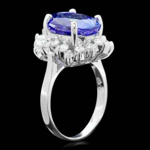 7.50 Carats Natural Tanzanite and Diamond 14k Solid White Gold Ring