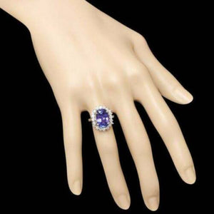 7.50 Carats Natural Tanzanite and Diamond 14k Solid White Gold Ring