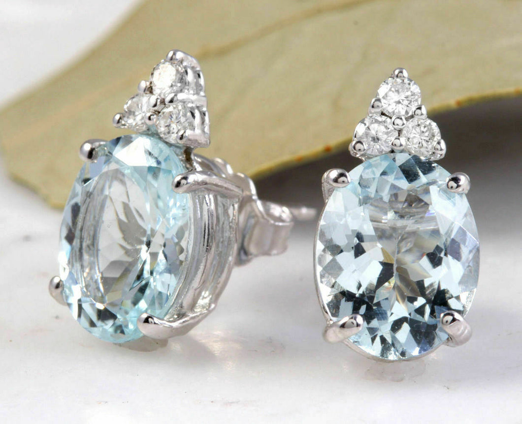 4.25 Ct Natural Aquamarine and Diamond 14k Solid White Gold Stud Earrings