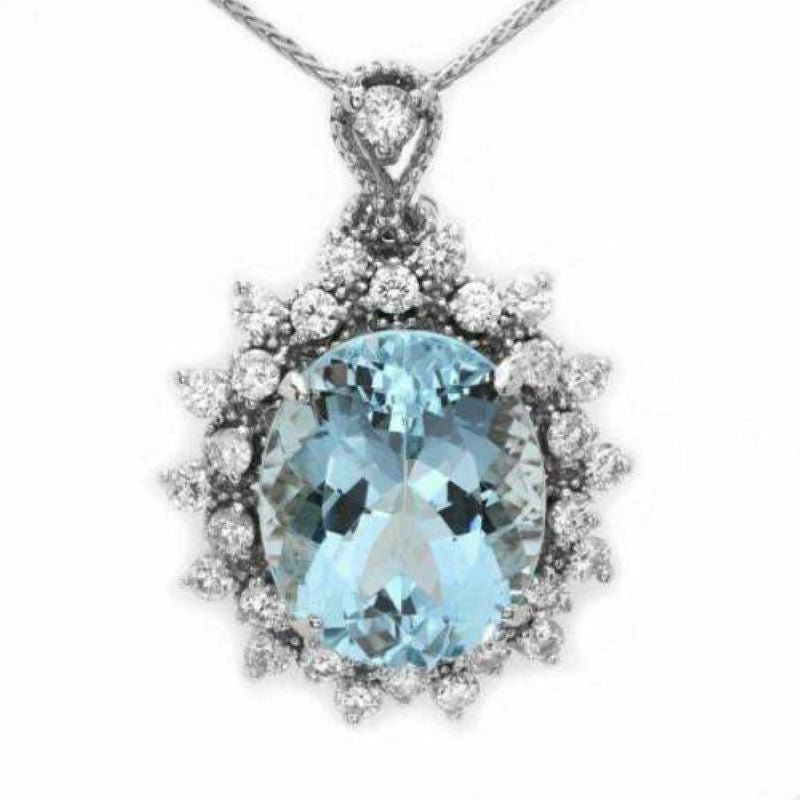 6.80ct Natural Aquamarine and Diamond 14k Solid White Gold Necklace