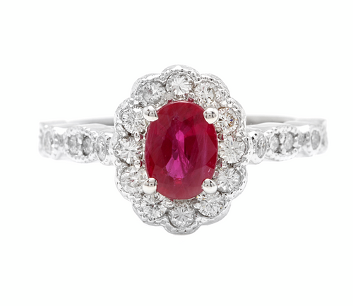 1.60 Carats Natural Red Ruby and Diamond 14k Solid White Gold Ring