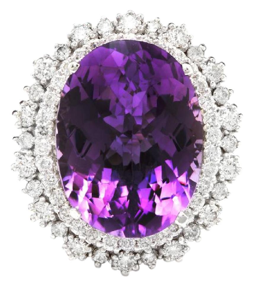 17.52 Carats Natural Amethyst and Diamond 14K Solid White Gold Ring