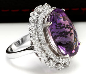 17.52 Carats Natural Amethyst and Diamond 14K Solid White Gold Ring