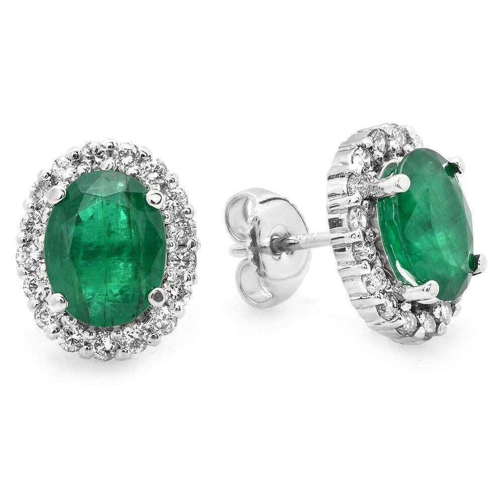 4.75ct Natural Emerald and Diamond 14k Solid White Gold Earrings