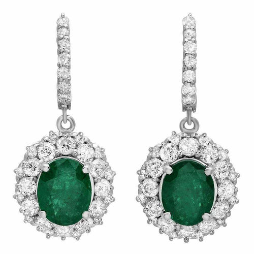 7.60 Carats Natural Emerald and Diamond 14k Solid White Gold Earrings