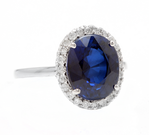 6.35ct Lab Ceylon Blue Sapphire & Natural Diamond 14k Solid White Gold Ring