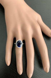 6.35ct Lab Ceylon Blue Sapphire & Natural Diamond 14k Solid White Gold Ring