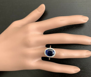 6.35ct Lab Ceylon Blue Sapphire & Natural Diamond 14k Solid White Gold Ring
