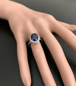 6.35ct Lab Ceylon Blue Sapphire & Natural Diamond 14k Solid White Gold Ring