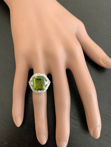 9.00 Carats Natural Peridot and Diamond 14k Solid White Gold Ring