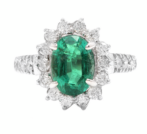 4.30ct Natural Emerald & Diamond 14k Solid White Gold Ring