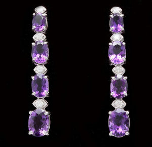 Exquisite 7.40 Carats Natural Amethyst and Diamond 14K Solid White Gold Earrings