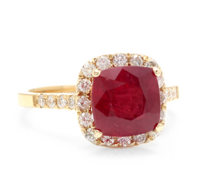 4.60 Carats Red Ruby and Natural Diamond 14k Solid Yellow Gold Ring