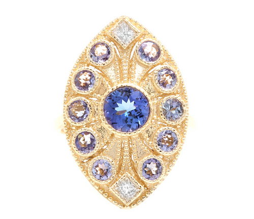 2.44 Carats Natural Tanzanite and Diamond 14k Solid Yellow Gold Ring