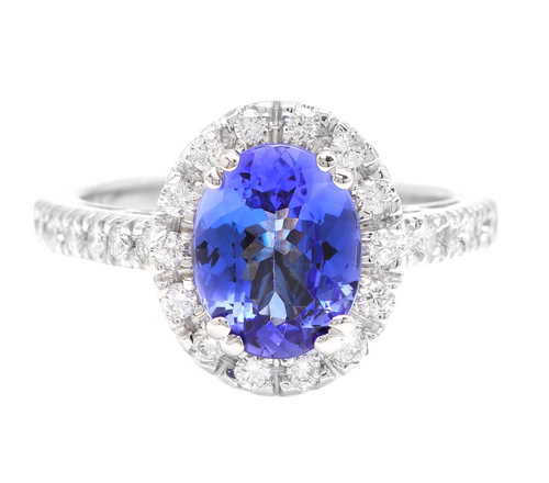 3.00 Carats Natural Tanzanite and Diamond 14k Solid White Gold Ring