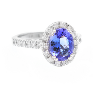 3.00 Carats Natural Tanzanite and Diamond 14k Solid White Gold Ring