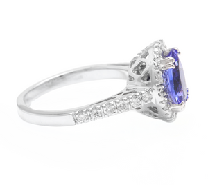 3.00 Carats Natural Tanzanite and Diamond 14k Solid White Gold Ring