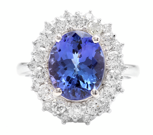 5.70 Carats Natural Tanzanite and Diamond 14k Solid White Gold Ring