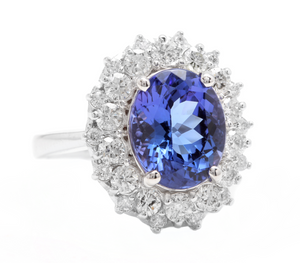 5.70 Carats Natural Tanzanite and Diamond 14k Solid White Gold Ring
