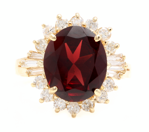 9.60 Carats Natural Red Garnet and Diamond 14k Solid Yellow Gold Ring