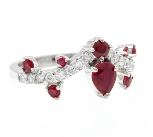 1.30 Carats Natural Red Ruby and Diamond 14k Solid White Gold Ring