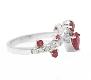 1.30 Carats Natural Red Ruby and Diamond 14k Solid White Gold Ring