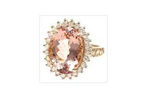 10.00 Carats Exquisite Natural Morganite and Diamond 14K Solid Yellow Gold Ring