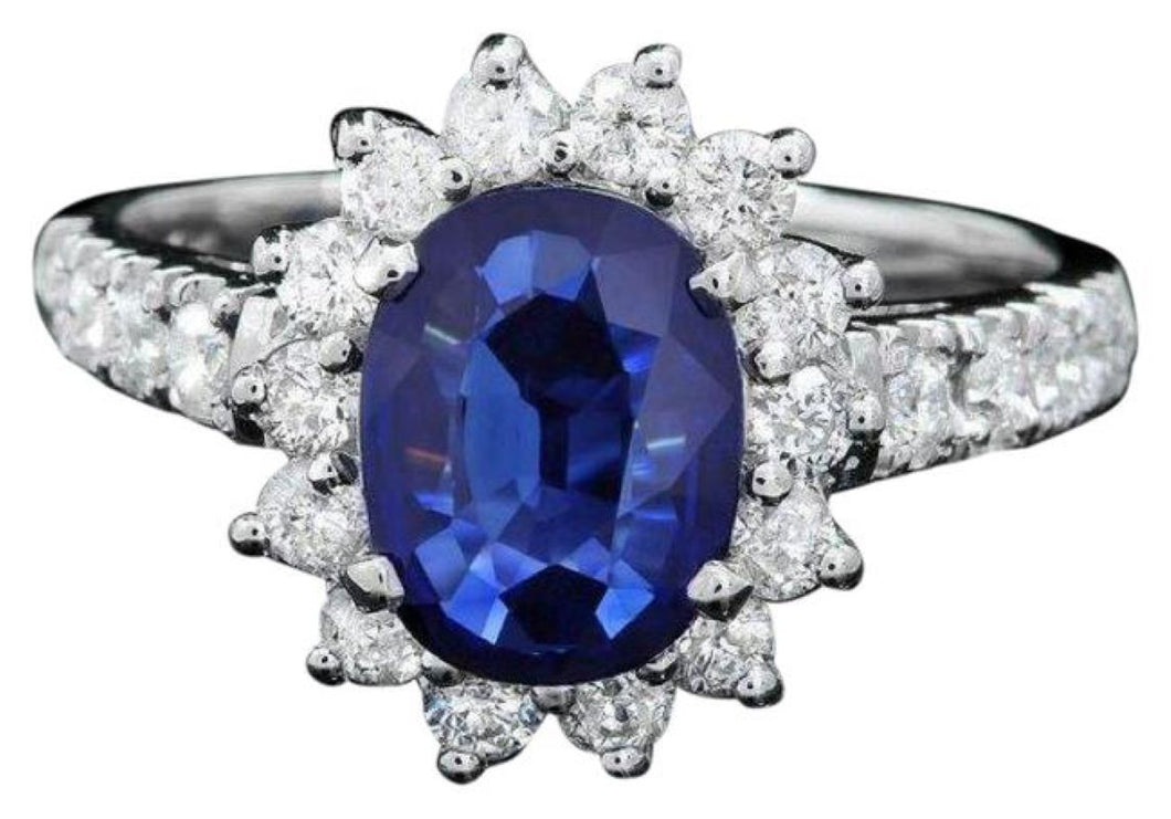 2.20 Carats Natural Blue Sapphire and Diamond 14K Solid White Gold Ring