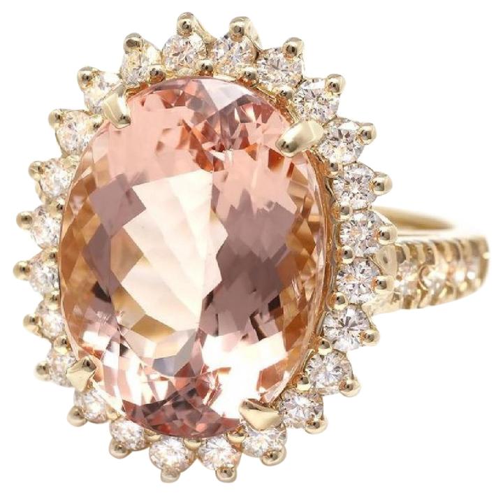 10.00 Carats Exquisite Natural Morganite and Diamond 14K Solid Yellow Gold Ring